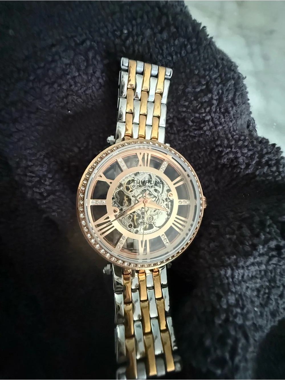 Stuhrling Original Women's Rose Gold & Silver Crystal Accent Watch - Navy Dial